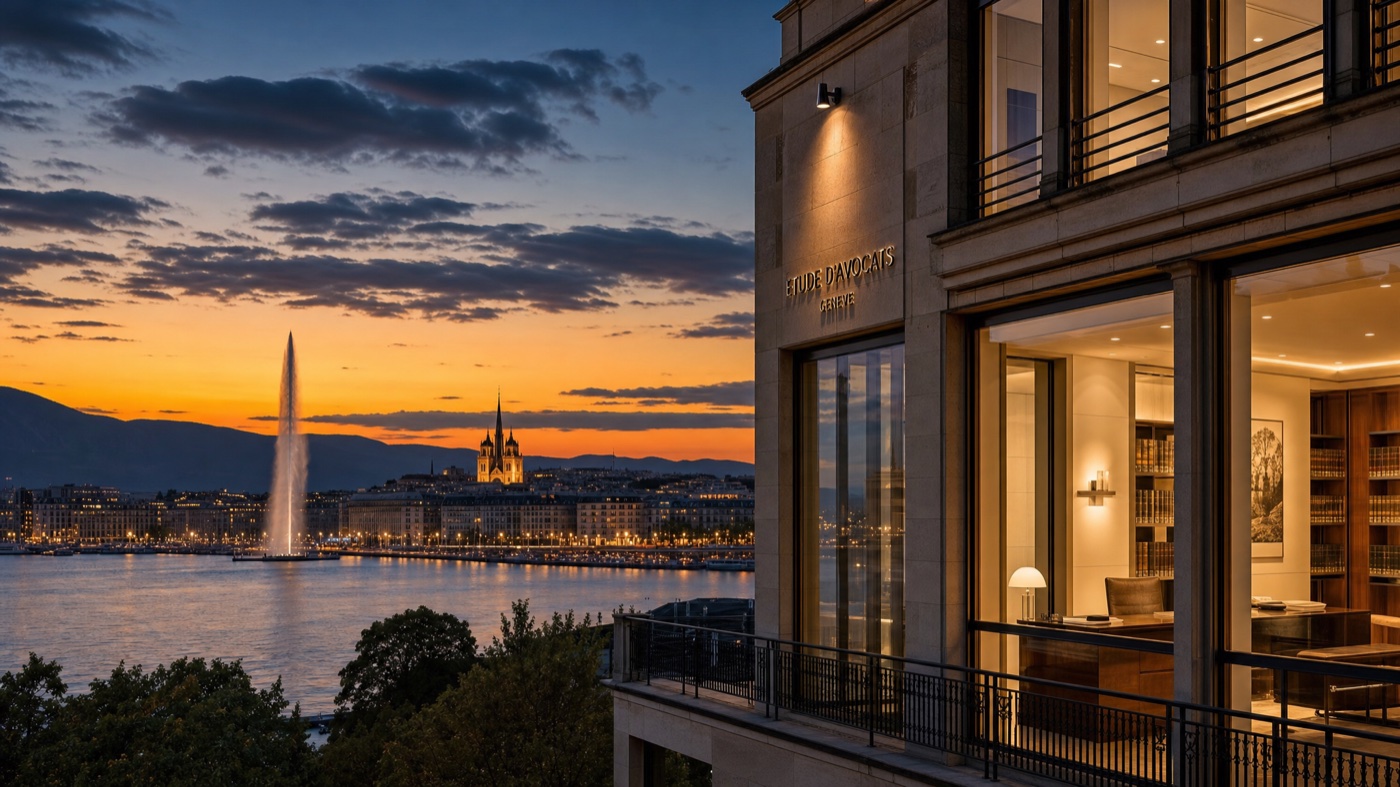 Cabinet Charrière à Genève, vue sur le Jet d'eau au crépuscule